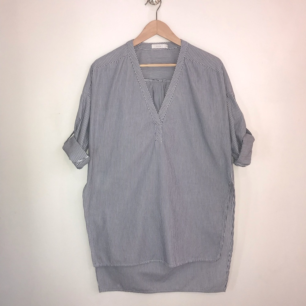 Lush tops v- neck blouse roll tab women’s tunic, stripes , blue and white
